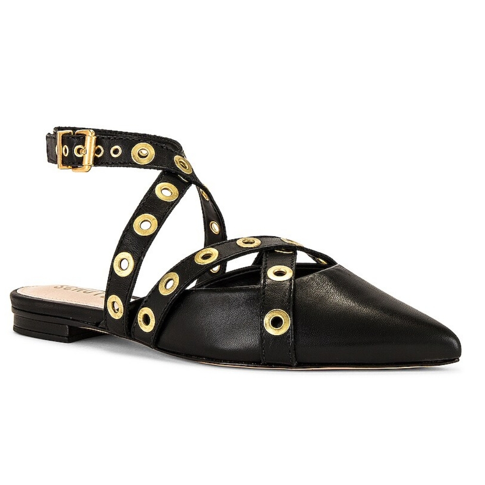 Schutz Emmie Ankle-Wrap Studded Leather Cutout Flats Buckle Black/Gold Size 6.5B - Picture 6 of 7